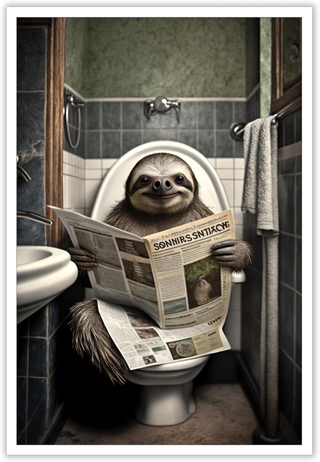 AABERIC Funny Sloth Bathroom Canvas Wall Art Cute Sloth In Toilet ...