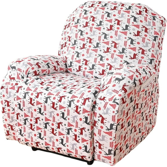 YuanLu 4-Piece Stretch Recliner Sofa Cover Set, Elastic Slipcover for Recliner Chair with Storage Pocket, Holiday Christmas Themed Armchair Protector (One Size)