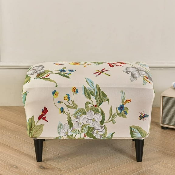 Stretch Ottoman Slipcover for Rectangle Footstool - Spandex Printed Fabric, Non-Slip Elastic Bottom, Protector Cover