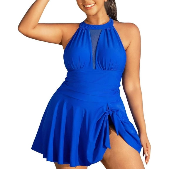 Women's Plus Size Tummy Control Swim Dress - One Piece Bathing Suit with Skirt, Retro Comfy Swimwear for Resort & Pool