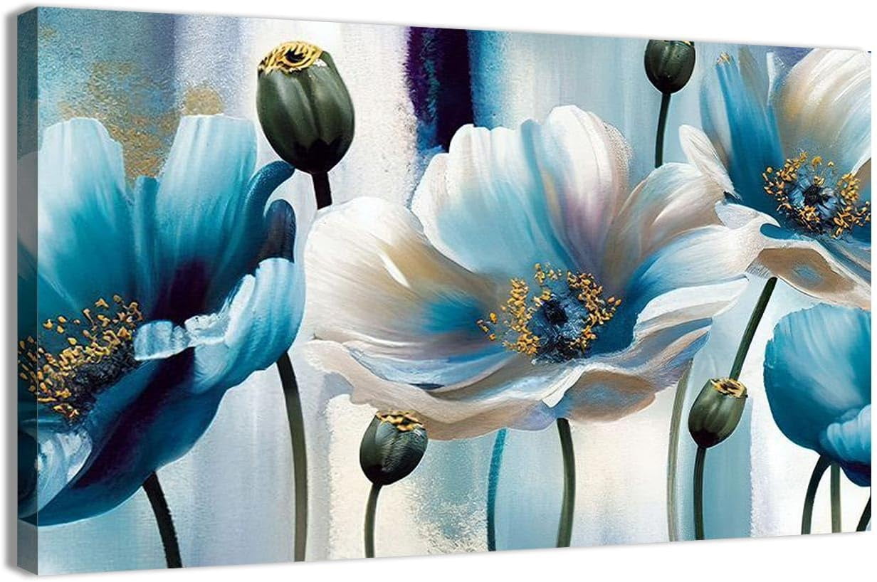 AABERIC Lotus Flower Canvas Wall Art for Living Room White and Indigo ...