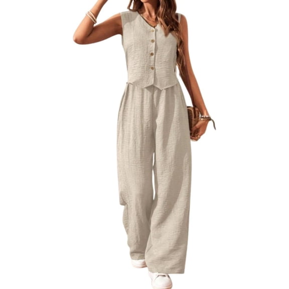 Women's 2-Piece Linen Blend Lounge Set: Sleeveless Cropped Vest & Wide Leg Pants - Summer Breathable Outfit