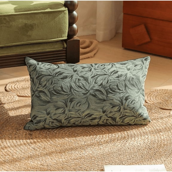 Jacquard Sage Green Plant Leaf Floral Embroidered Pillow - Rustic Decor, Suitable for Indoor and Outdoor Use (Polyester-Cotton Fabric, Hidden Zipper)