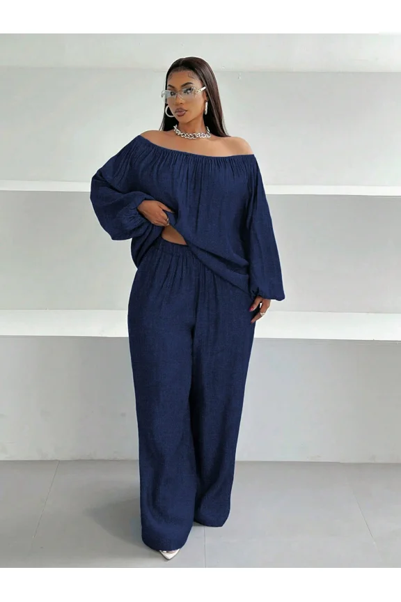 Women's Stretch Suit Two Piece: Denim Solid One Shoulder Top and Pants - Office to Dinner