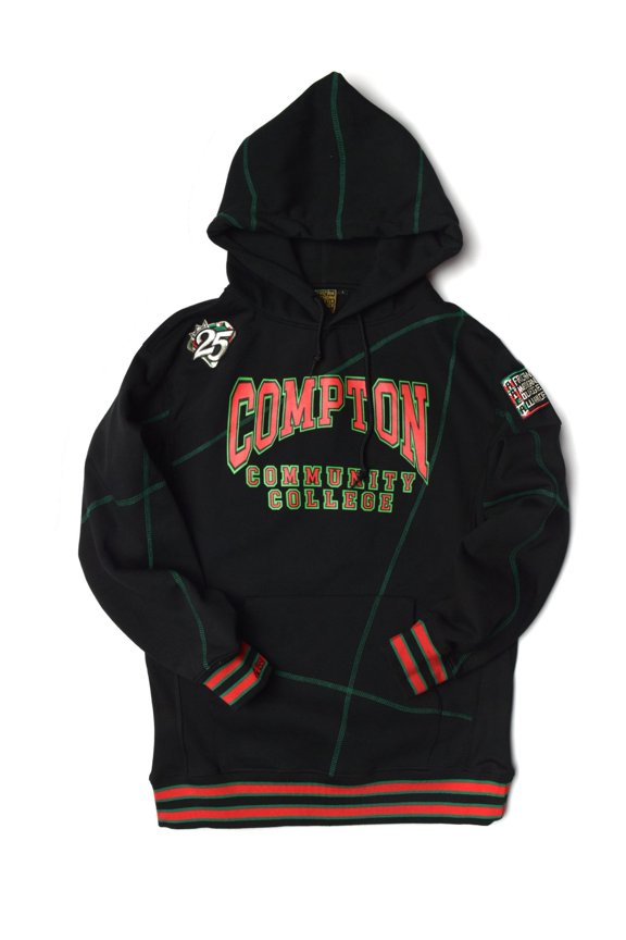 Compton Community College Men's Black Pullover Hoodie with Striped Ribbing and Contrast Stitching