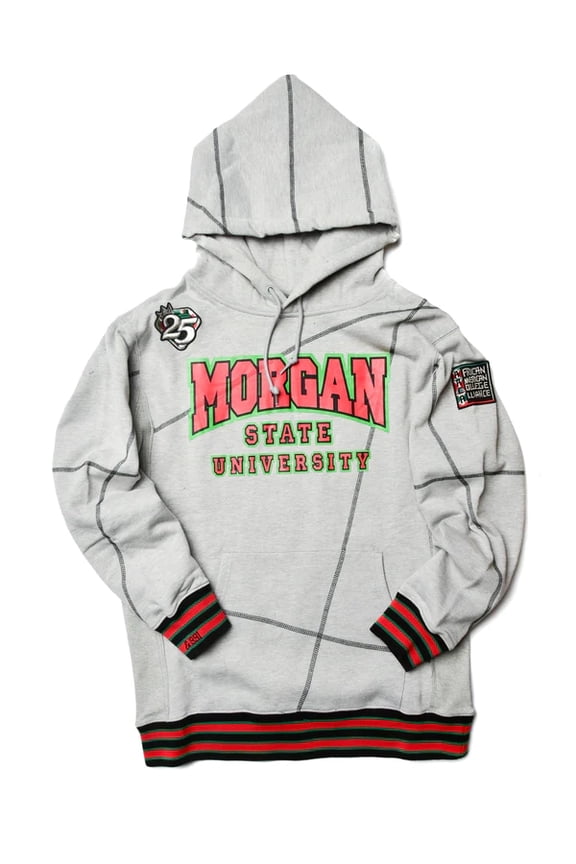 Morgan State University Men's Gray HBCU Pullover Hoodie with Striped Ribbing and Contrast Stitching