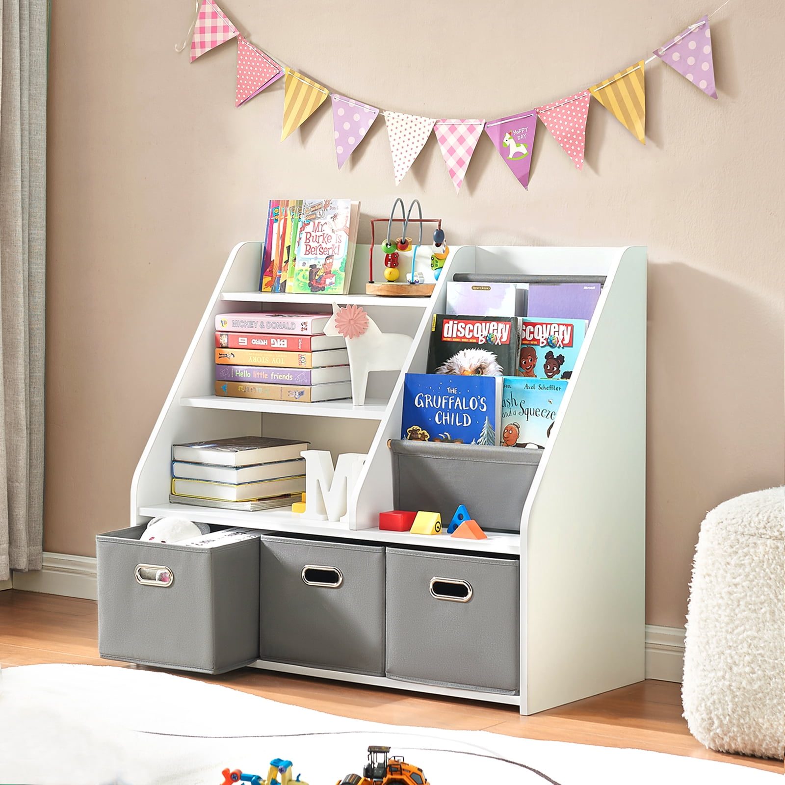 AACULPET Montessori Bookshelf and Toy Storage Organizer, 3-in-1 Wood Bookshelf with 3 Fabric Toy Bins & Sling Book Rack for Baby Toddler, Kids Bookcase with Toy Storage for Nursery Playroom Classroom