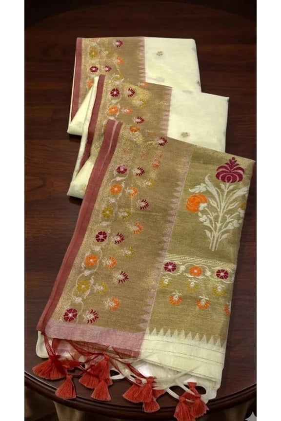 Silk Saree with Unstitched Blouse, Golden Zari Floral Jamdani Weaving, Wedding Wear