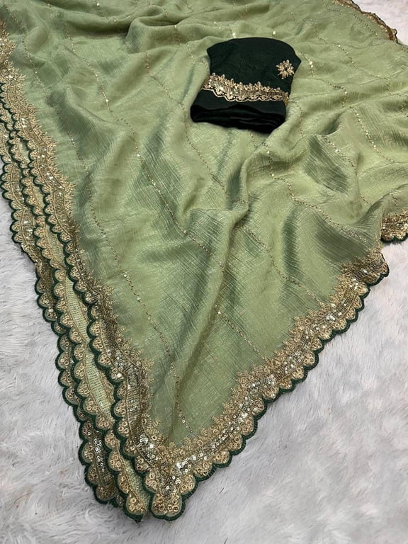 Soft Crunchy Silk Saree, Sequin and Zari Embroidery Work, Contrast Fabric, With Blouse - Stitched M