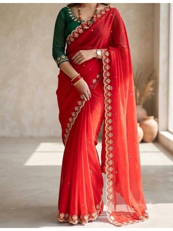 Soft Georgette Saree with Sequin Embroidery with Stitched Blouse XL– Elegant Wedding Wear Saree for Women