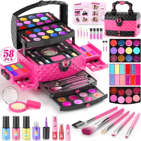 AAGILA 58 in 1 Kids Makeup Set for Girls, Washable Real Cosmetic Pretend Play Makeup Kit for Girl Toys,Princess Make Up Toys for 3-12 Year Old Girl Birthday Gift