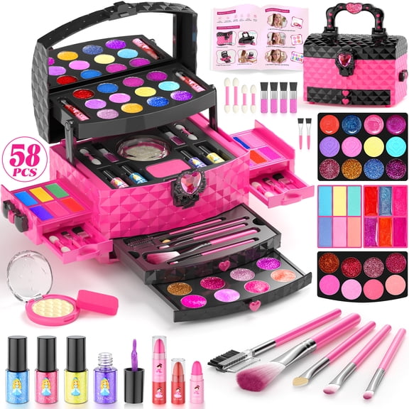 AAGILA 58 in 1 Kids Makeup Set for Girls, Washable Real Cosmetic Pretend Play Makeup Kit for Girl Toys,Princess Make Up Toys for 3-12 Year Old Girl Birthday Gift