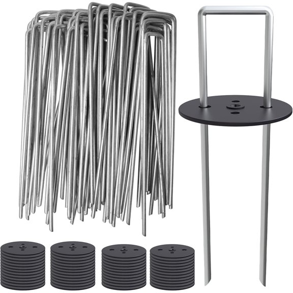 AAGUT 100PCS 6" Landscape Garden Stakes Flat with 100 Pack Gasket Washers,6 Inch Vapor Barrier Stakes, Metal Garden Stakes Landscape Fabric Staples
