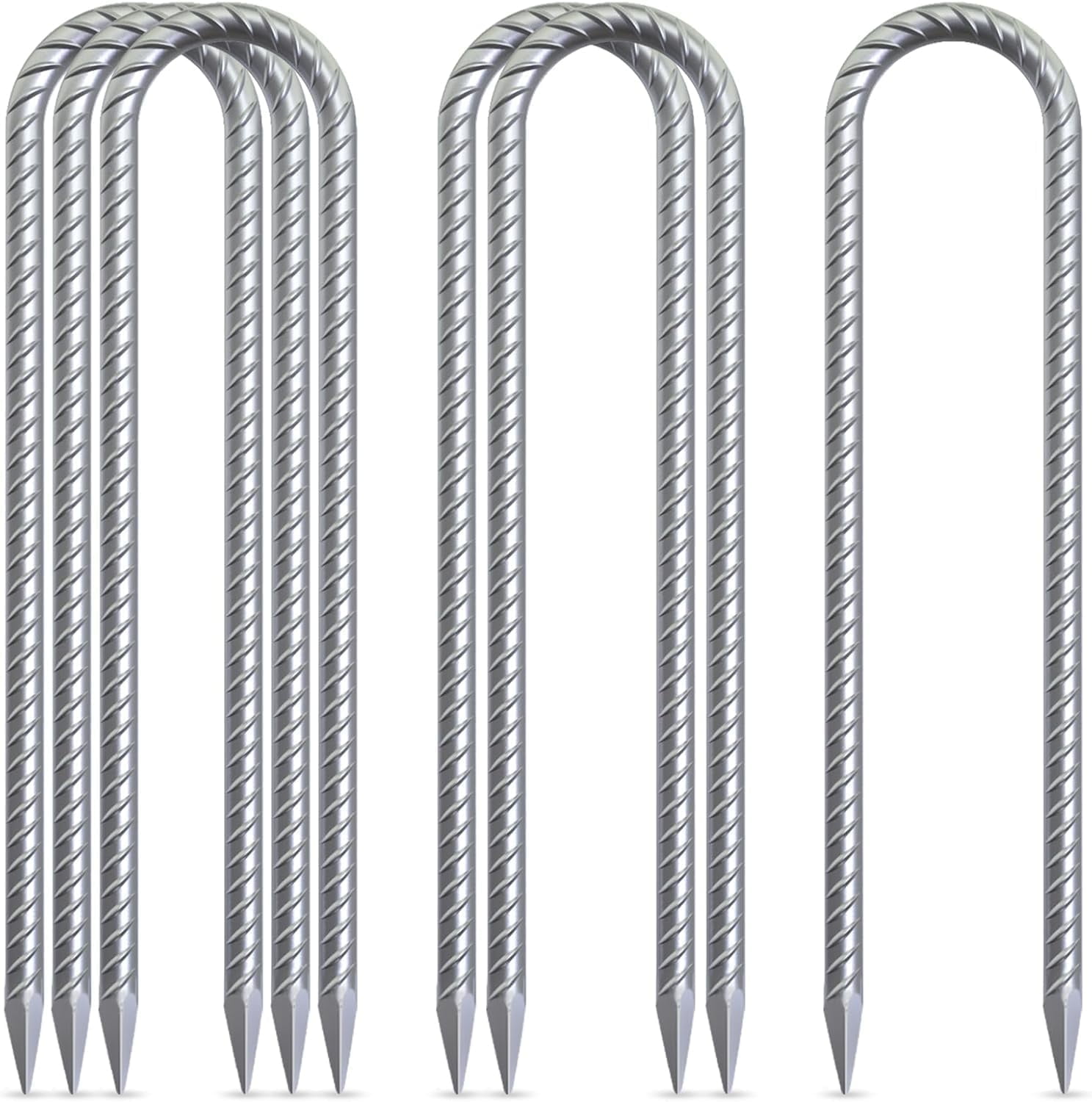 AAGUT 6 Pack 12 Inch Trampoline Stakes U Shaped Rebar Ground Anchors Heavy Duty High Winds Galvanized Steel Trampolines Accessories for Swing Set, Camping, Soccer Goal, Huge Garden Decoration
