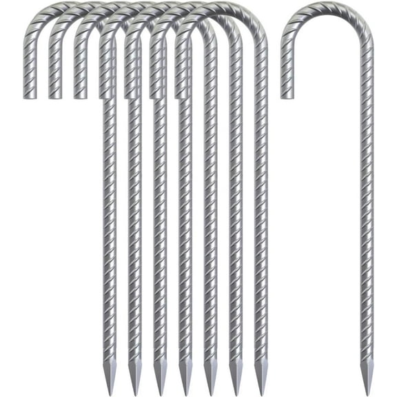AAGUT 16 Inch 8 Pack Rebar Stakes Heavy Duty J Hook, Galvanized Steel Ground Stakes Tent Stakes Ground Anchors, Chain Link Fence Stakes, Trampoline Stakes Swing Set