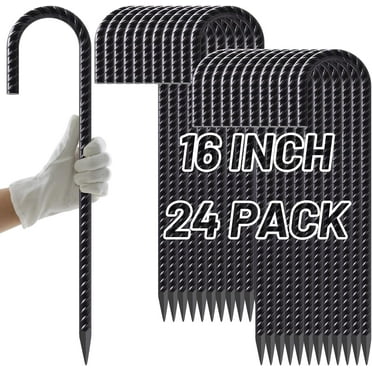 AAGUT 16 Inch J Hook Rebar Stakes, Heavy Duty 24 Pack Ground Anchors with Chisel Point End Galvanized Steel Anchors for Fence Landscape Trampoline Chain Link Garden Camping Tent Plants