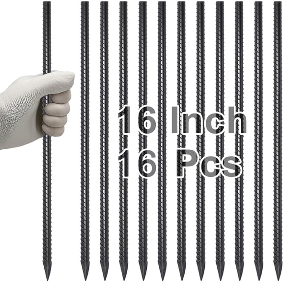 AAGUT 16” Straight Rebar Stakes 16 Pack Heavy Duty Ground Anchors Steel Plant Support Garden Stake Metal Camping Tent Spikes with Chisel Point End for Hard Soil, Black Powder Coated