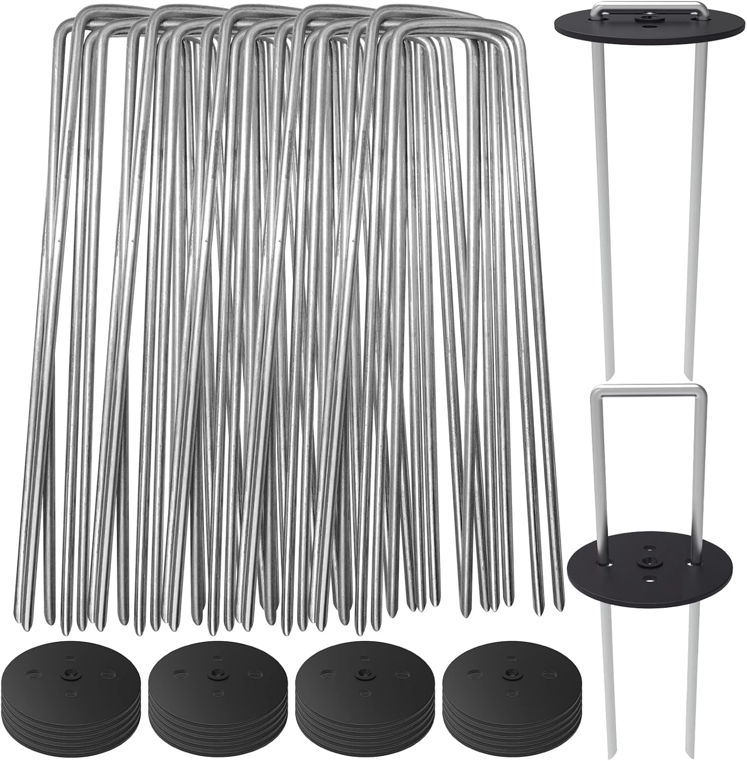 AAGUT 25 Pack Landscape Staples with Gasket Washer Caps, 6 Inch 11 Gauge U Shaped Galvanized Landscape Pins, Galvanized Lawn Spikes, Heavy Duty Yard Ground Pin for Grass Weed Barrier Sod Fabric