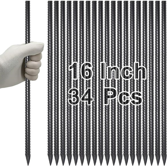 AAGUT 16 inches Ground Rebar Stakes (34pcs) Heavy Duty Metal Spikes for Concrete Timber Garden Plant, Long Straight Steel Stakes for Tent 3/8" Thickness Ground Anchors with Chisel Point End, Black