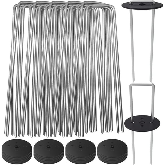 AAGUT 50 Pack Landscape Staples with 50PCS Gasket Washer Caps, 6 Inch Vapor Barrier Stakes, Metal Garden Stakes Landscape Fabric Staples for Gardening Landscaping