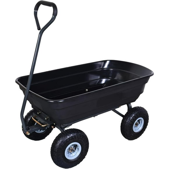 AAIN Heavy Duty Garden Cart with 10" Pneumatic Plastic Tires, 600LB Capacity, 180° Rotating Handle & Quick Release System, Black 4 Cu.Ft Poly Dump Wagon for Yard, Outdoor, Beach, Home