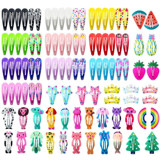 AAOMASSR 100Pcs No Slip Metal Snap Hair Clips Barrettes for Girls, Hair Clips for Kids Teens Women, Cute Candy Color Cartoon Design Hair Pins(Animals Fruits Crowns Stars)