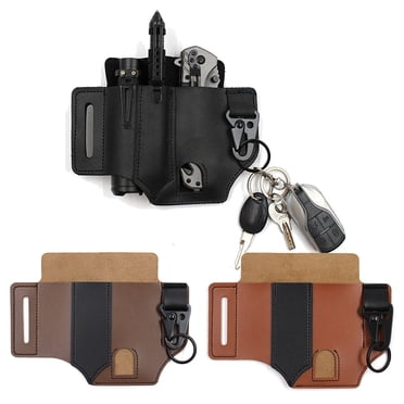 Leather Multitool Sheath & EDC Belt Pouch – With Key Holder, Pen Slot, Flashlight Pocket, Black