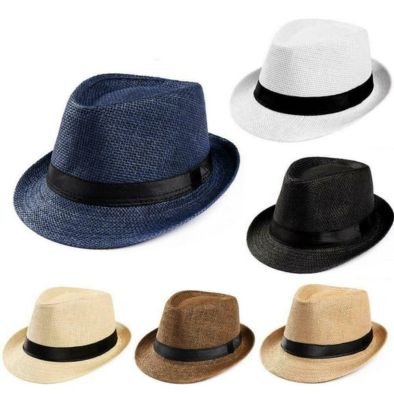 AAOMASSR Men Women Straw Fedora Hat Trilby Cuban Sun Cap Panama Short Brim Floral Summer