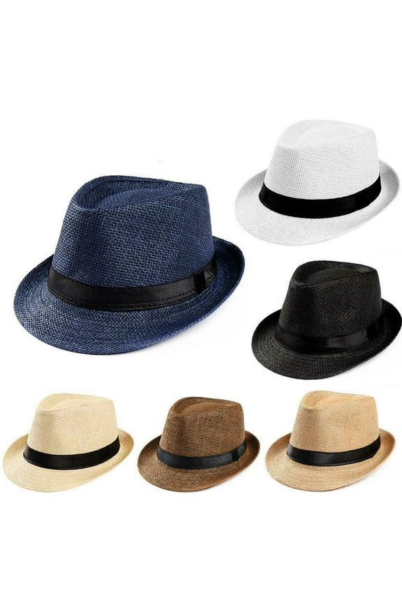 Men Women Straw Fedora Hat Trilby Cuban Sun Cap Panama Short Brim Floral Summer