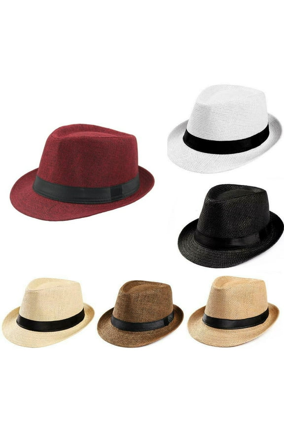 Men Women Summer Straw Fedora Hat Trilby Cuban Sun Cap Panama Short Brim Floral