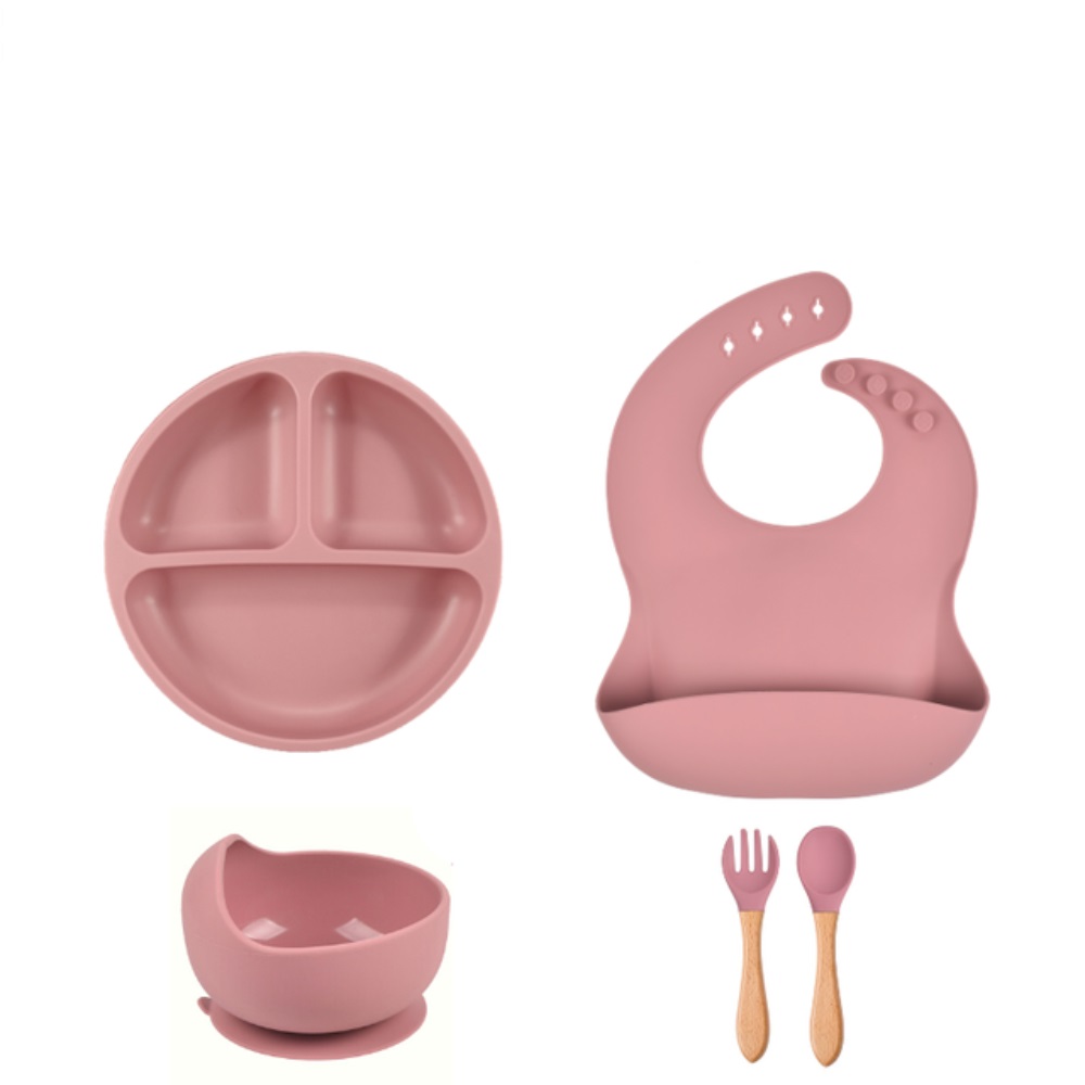 AAOMASSR Silicone Baby Plates Spoons Forks Bib Bowls Plates Cup Child