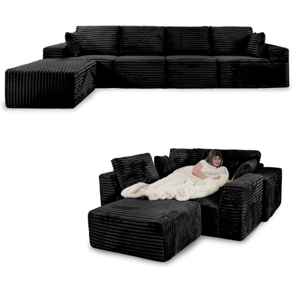 AAQZ 146“ Cloud L-Shaped Couch Modular Sectional Sofa with Chaise, Plush Corduroy Couch Convertible Sleeper Sofa Bed, No Assembly Deep Seat Memory Foam Couches for Living Room, Black