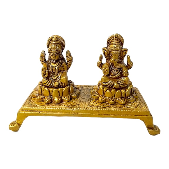AARGKRAFT Brass Laxmi Ganesh with Chowki Idol | Ganesha Lakshmi Religious Figurine Hindu God Sculpture Murti Statue | Diwali/Workplace/Office - 2.2 inches