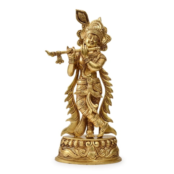 AARGKRAFT Brass Lord Krishna Statue with Flute | Handcrafted Indian Religious Thakur Ji Sculpture | Kanha Ji Murti Decorative Puja Figurine Idol for Home, Shop, Office, and Gift (Golden)
