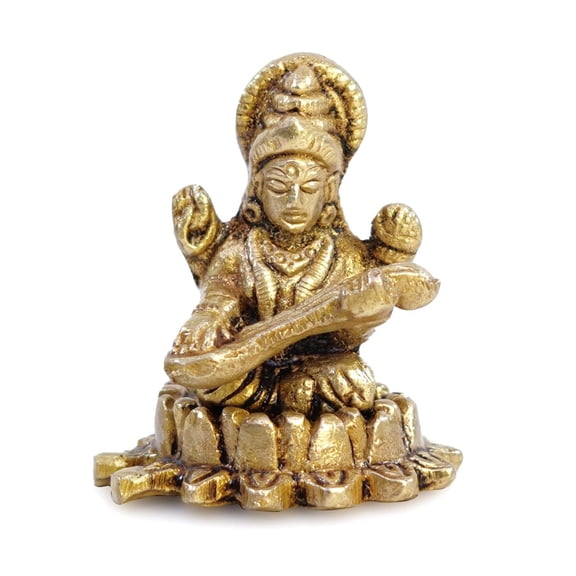 AARGKRAFT Small Brass Saraswati Idol for Home Temple | Goddess of Knowledge & Wisdom | Mini Saraswati Murti for Study Table, Office Desk & Gifting (5 cm)