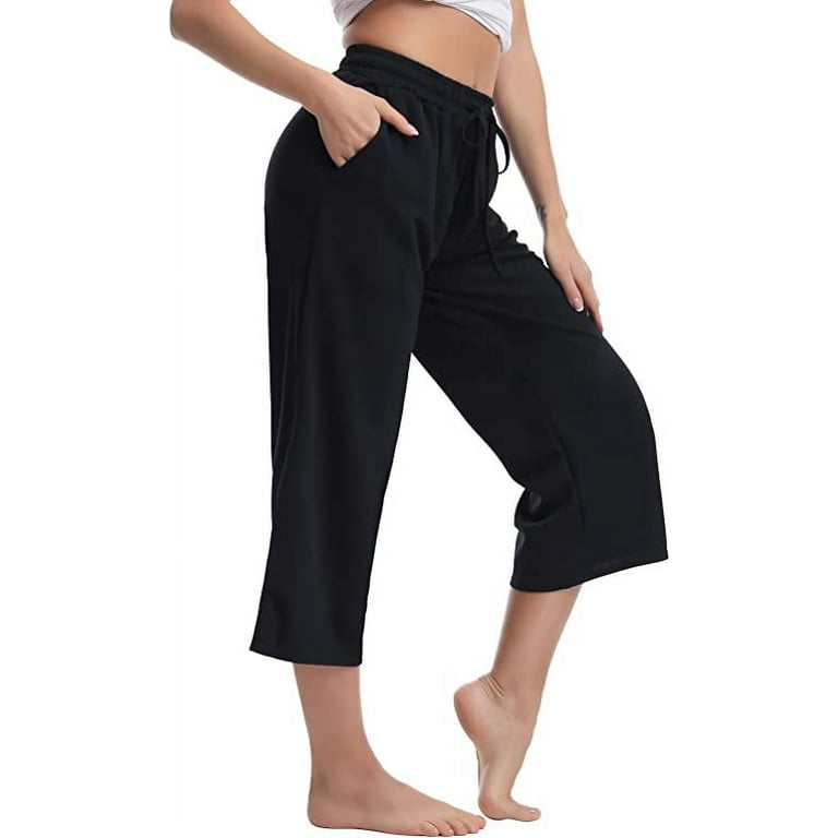 AARONANO Womens Capri Pants Wide Leg Comfy Drawstring Loose Lounge Workout Yoga  Pants Capris for Women with Pockets 