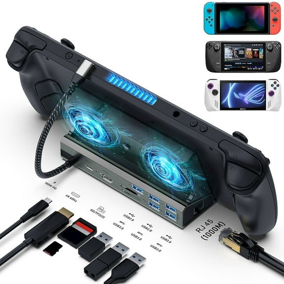 Docking Station for Steam Deck with 2 Fans, 4K 60Hz HD Multimedia Interface, USB 3.0/2.0, Gigabit RJ45, Compatible with ASUS Rog Ally/Switch, with 100W PD Charging Port-Black
