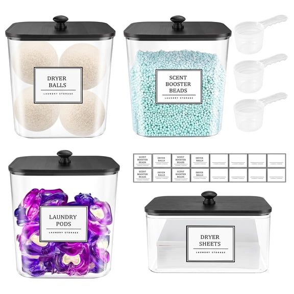 AARTVARK TEES 3+1 Pack Laundry Pods Container,Large Laundry Detergent Powder Storage Containers with Wooden Lids & Labels(Black)