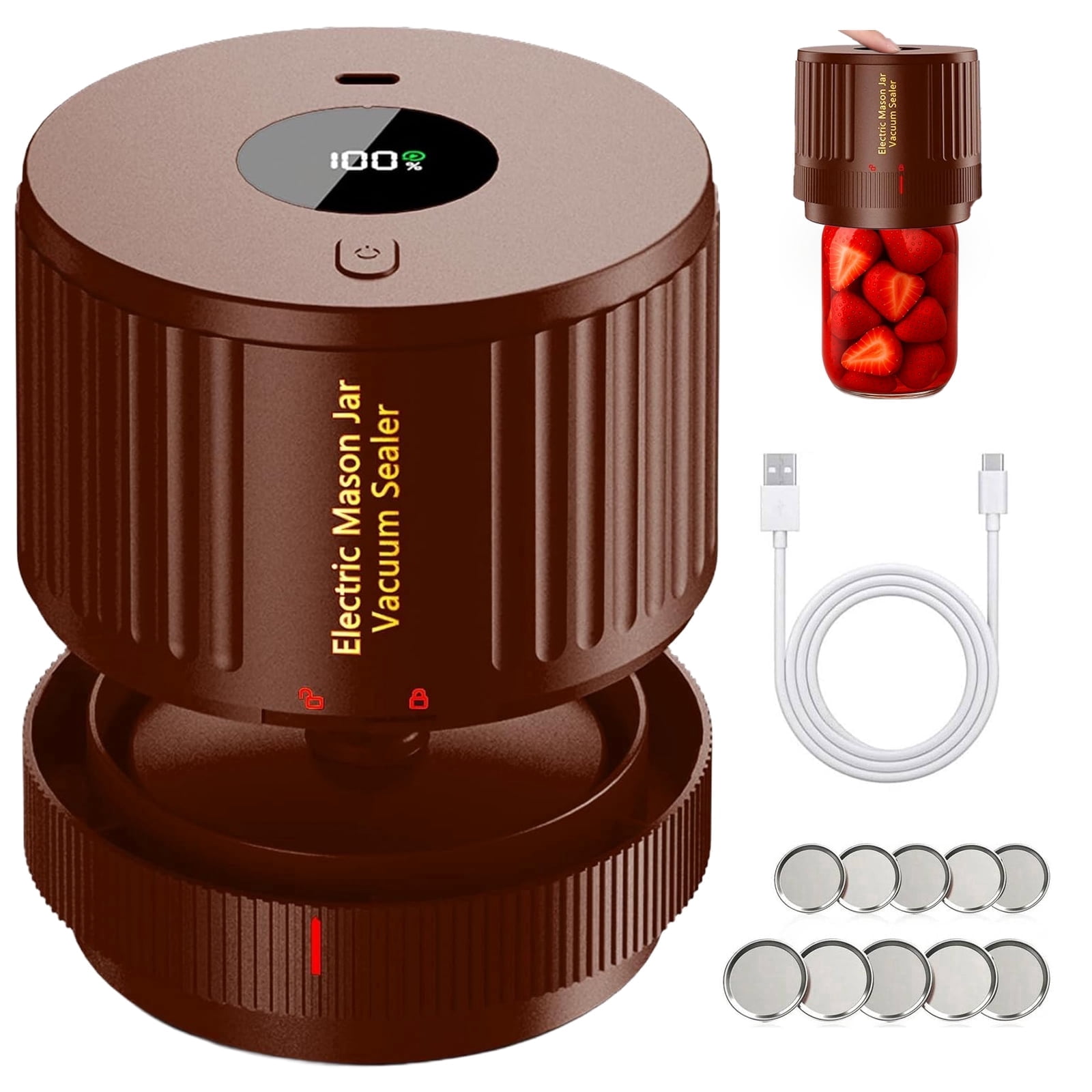 AARTVARK TEES Electric Mason Jar Vacuum Sealer, Vacuum Sealer Kit for Wide-Mouth & Regular-Mouth Mason Jars, Food Storage and Fermentation, Brown