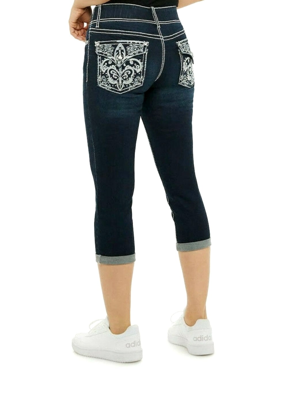 APT. 9 APT.9 Womens Rhinestone Tummy Control Hi Rise Bermuda Capris Cropped Dark Blue Denim Jeans (Size=6)