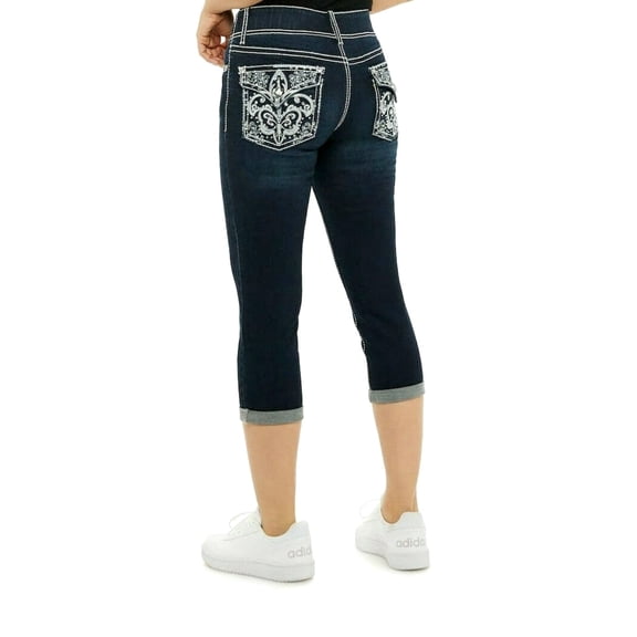 APT.9 Womens Rhinestone Tummy Control Hi Rise Bermuda Capris Cropped Dark Blue Denim Jeans (Size=5/6)