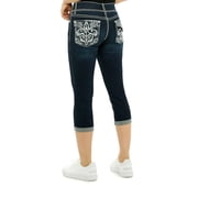 APT.9 Women s Rhinestone Tummy Control Hi Rise Bermuda Capris Cropped Dark Blue Denim Jeans Size=5/6