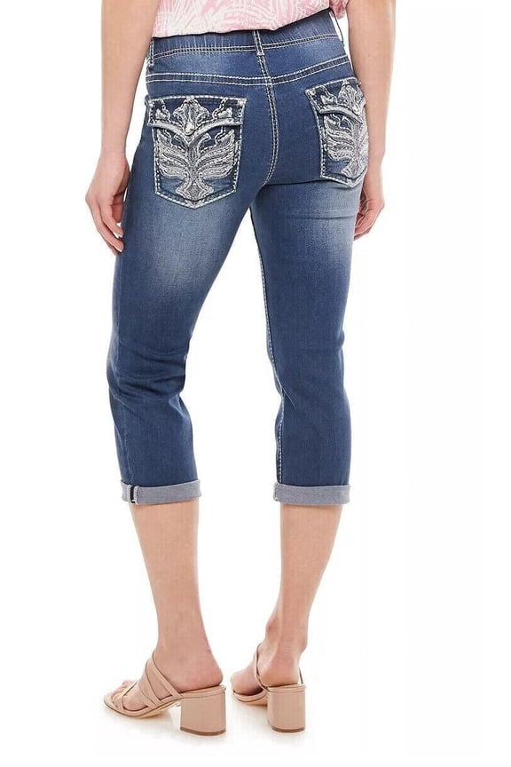 Apt.9 Women’s Rhinestone Tummy-Control Mid Rise Capris Cropped Blue Denim Jeans