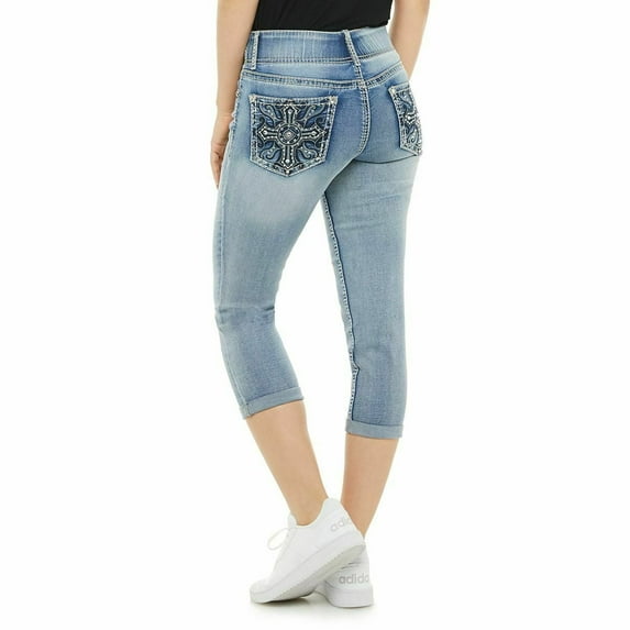 AAT.9 Women’s Rhinestone Tummy-Control Mid Rise Capris Cropped Blue Denim Jeans