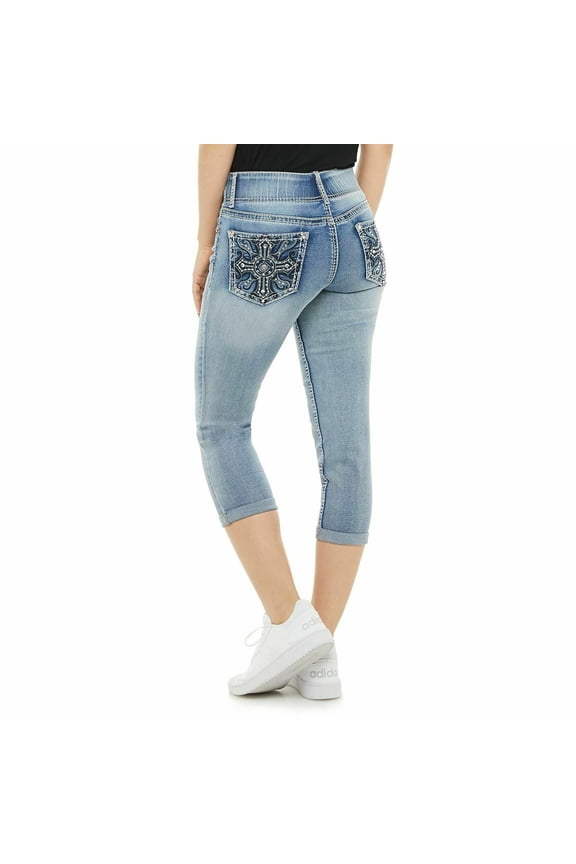 Women’s Rhinestone Tummy-Control Mid Rise Capris Cropped Blue Denim Jeans