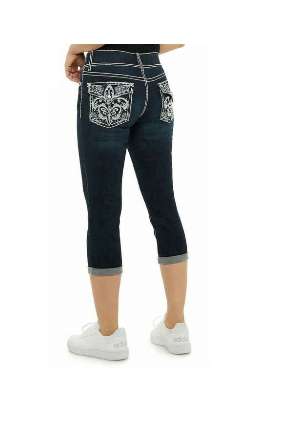 Apt.9 Women’s Rhinestone Tummy-Control Mid Rise Capris Cropped Blue Denim Jeans