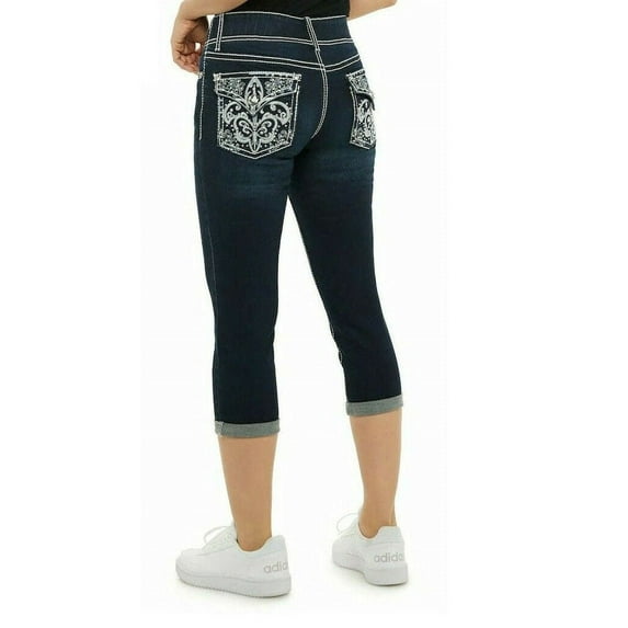 AAT.9 Women’s Rhinestone Tummy-Control Mid Rise Capris Cropped Blue Denim Jeans