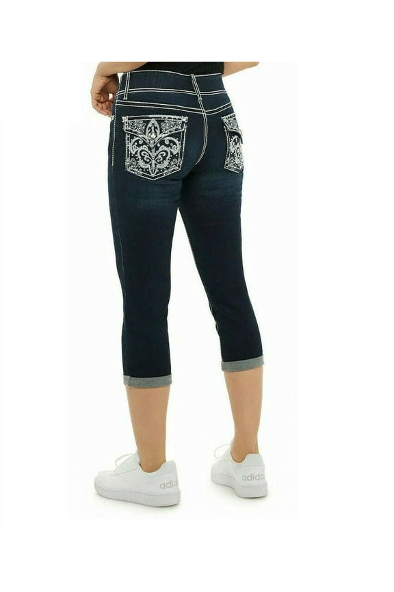 Women’s Rhinestone Tummy-Control Mid Rise Capris Cropped Blue Denim Jeans