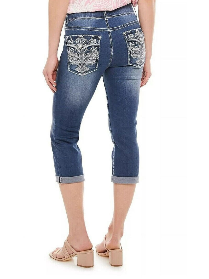 Women's Rhinestone Tummy-Control Mid Rise Capris Cropped