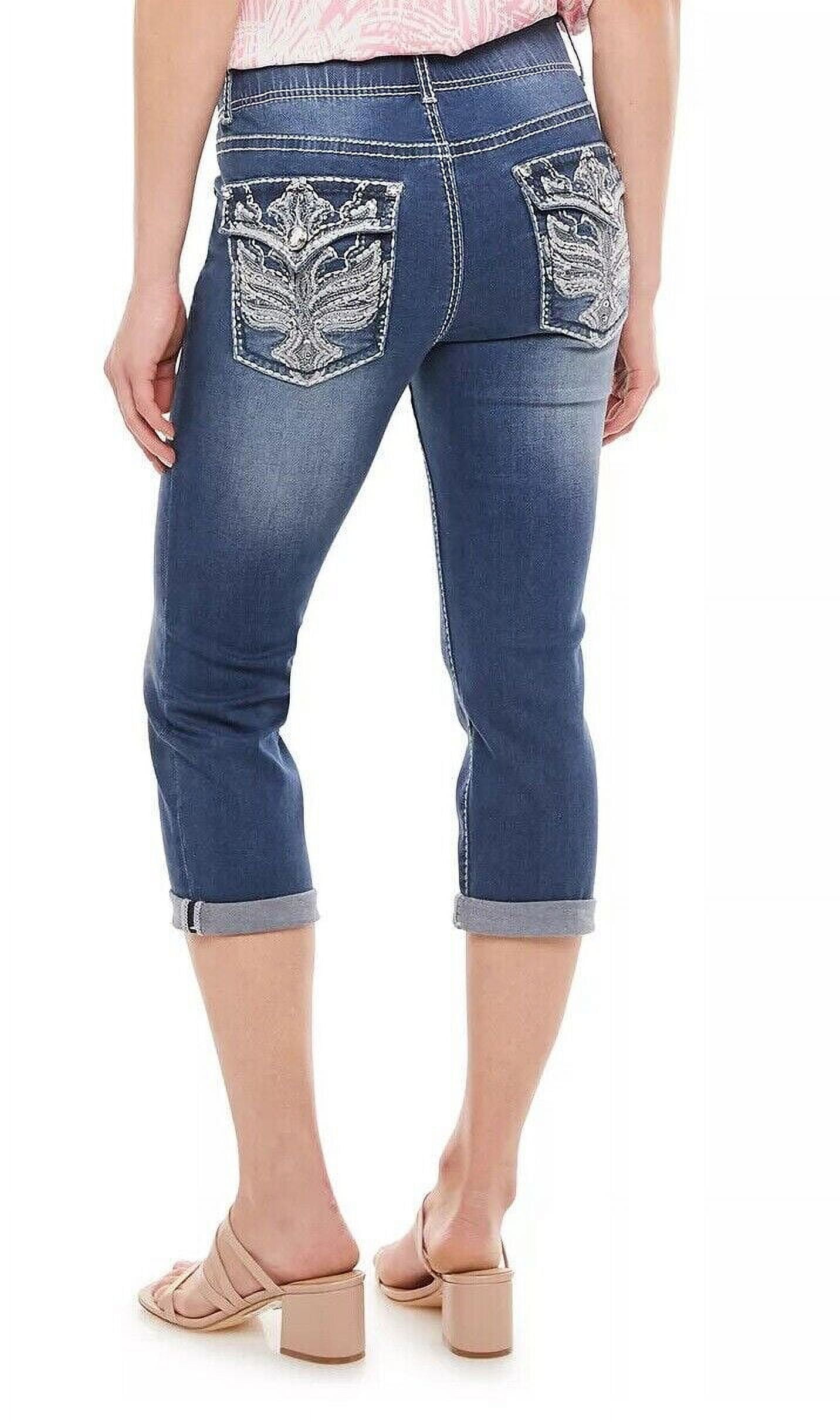 Apt.9 Women's Rhinestone Tummy-Control Mid Rise Capris Cropped Blue Denim  Jeans 